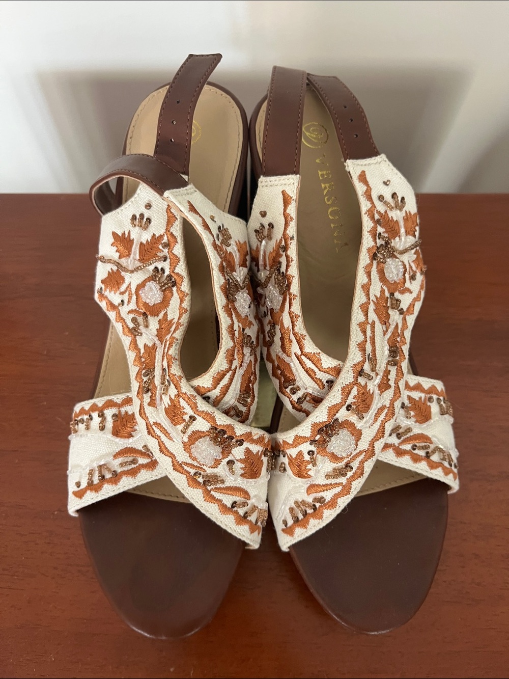 Versona Cream & Brown Embroidered Slingback Wedge Sandals
